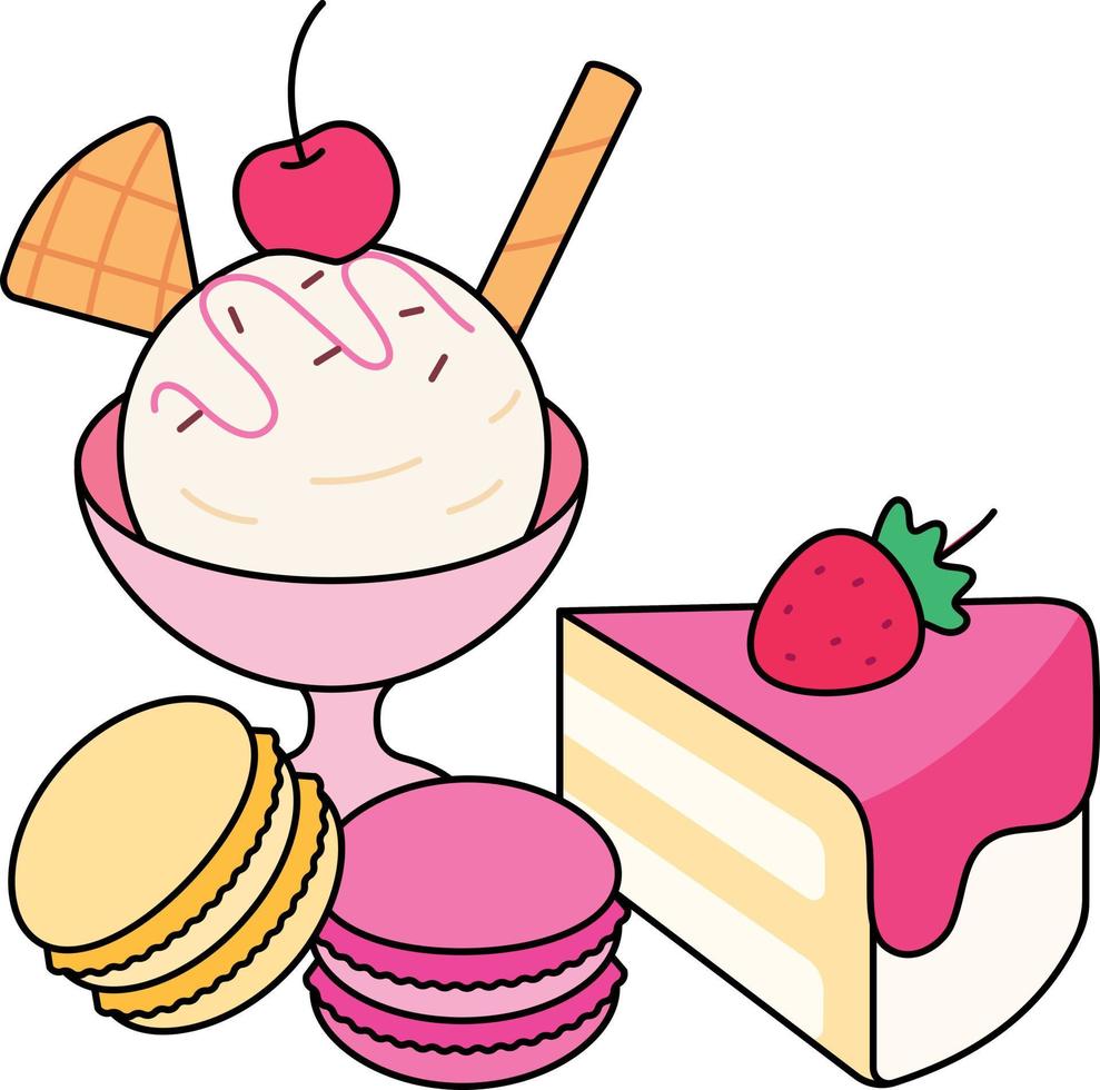 conjunto de postres helado macaron y pastel icono elemento ilustración vector