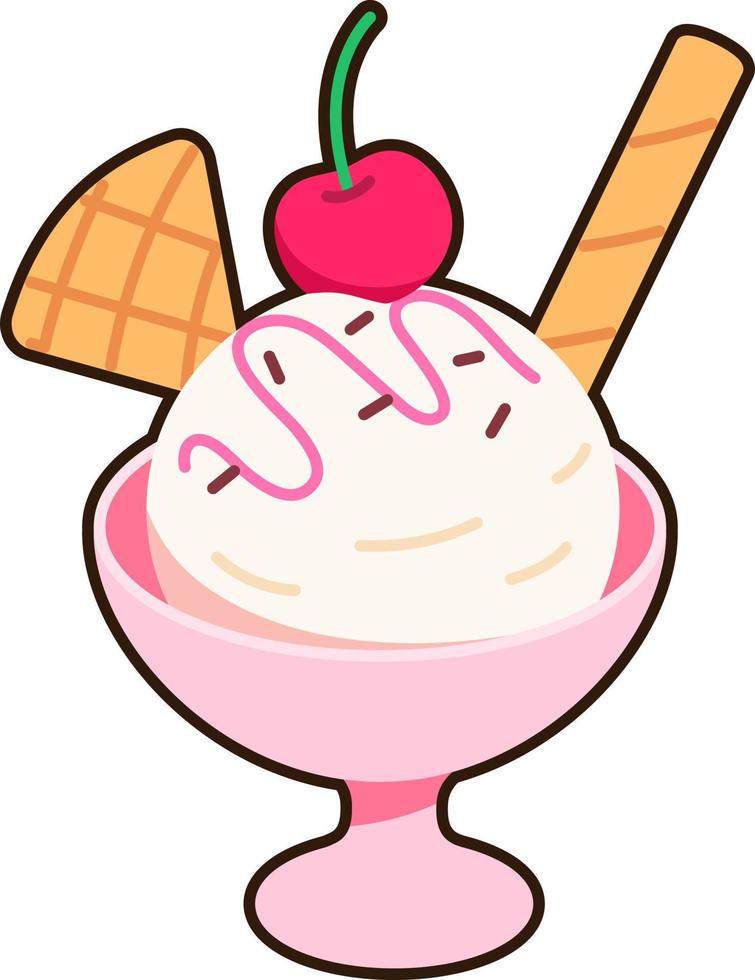 Vanilla Ice cream scoop in cup and cherry topping Dessert Icon Element illustration Flat Sticker Black Style vector