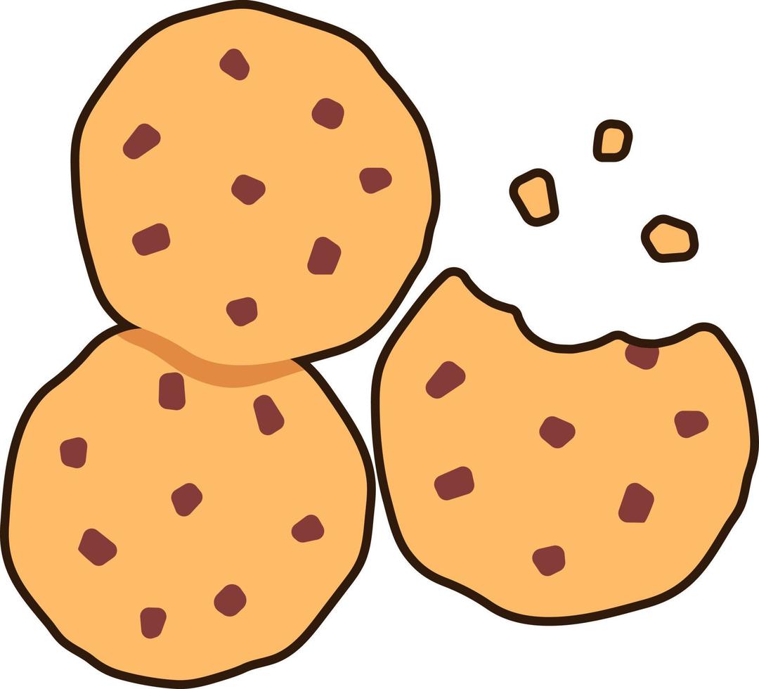 galletas de chispas de chocolate de vainilla postre de tres piezas icono elemento ilustración pegatina plana estilo negro vector