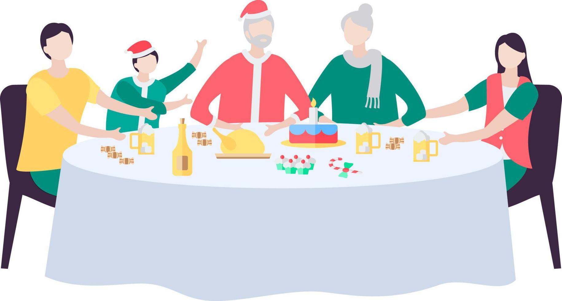 ilustración de una familia comiendo juntos celebrando la navidad vector