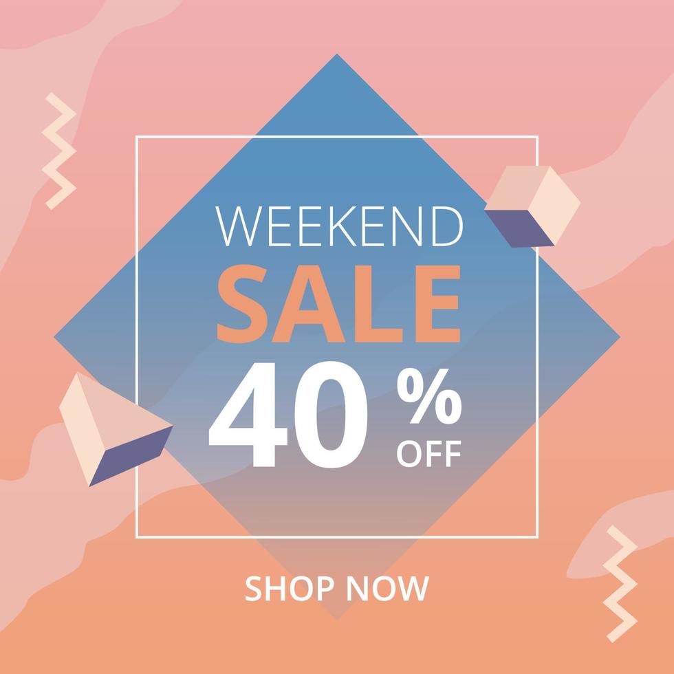 Weekend sale, special offer banner with pastel background. Promo sale, discount price up to 40 off, mega event, flyer template for business promotion. Vector design illustration EPS 10.