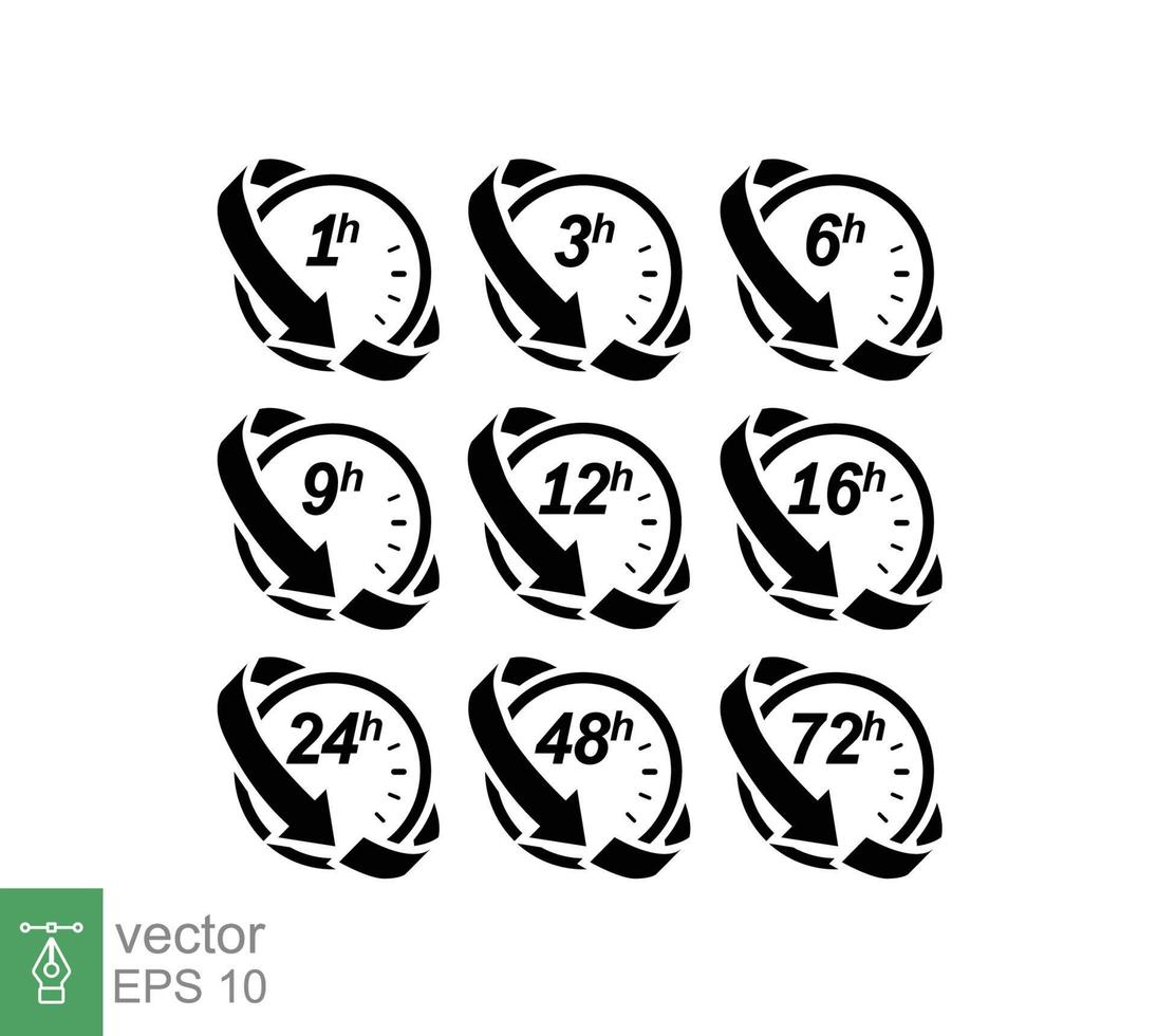 Hour icon set. Clock arrow 1, 3, 6, 9, 12, 16, 24, 48, 72 hours. Set of delivery service time symbol sign. Vector illustration isolated on white background. EPS 10.