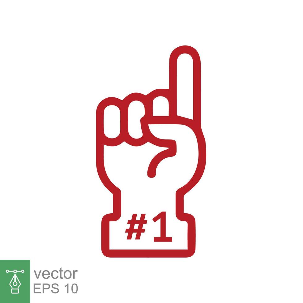 Number 1 foam glove icon. Red number one fan hand glove. Simple flat style. Fan logo hand with finger raised. Vector illustration isolated on white background. EPS 10.