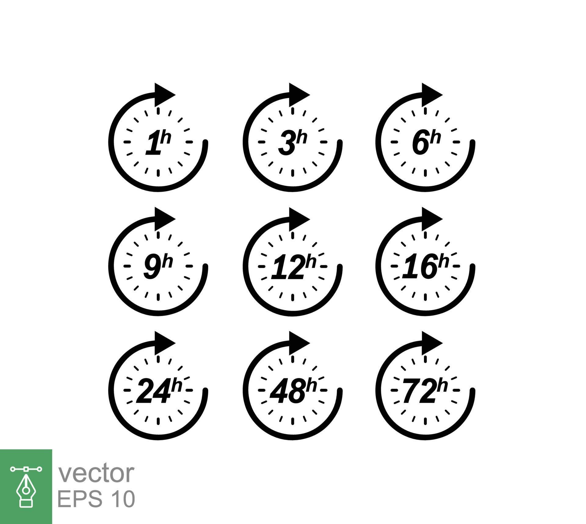 Hour icon set. Clock arrow 1, 3, 6, 9, 12, 16, 24, 48, 72 hours. Set of