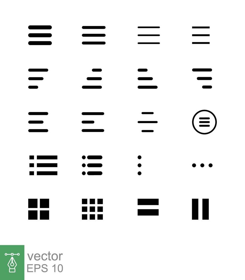 conjunto mínimo de iconos planos del menú de hamburguesas. iconos de menú vector conjunto de elementos de diseño de interfaz de usuario. conjunto de iconos de diseño de interfaz de menú de hamburguesas. iconos de navegación del sitio web para aplicaciones móviles e interfaz de usuario. eps 10.