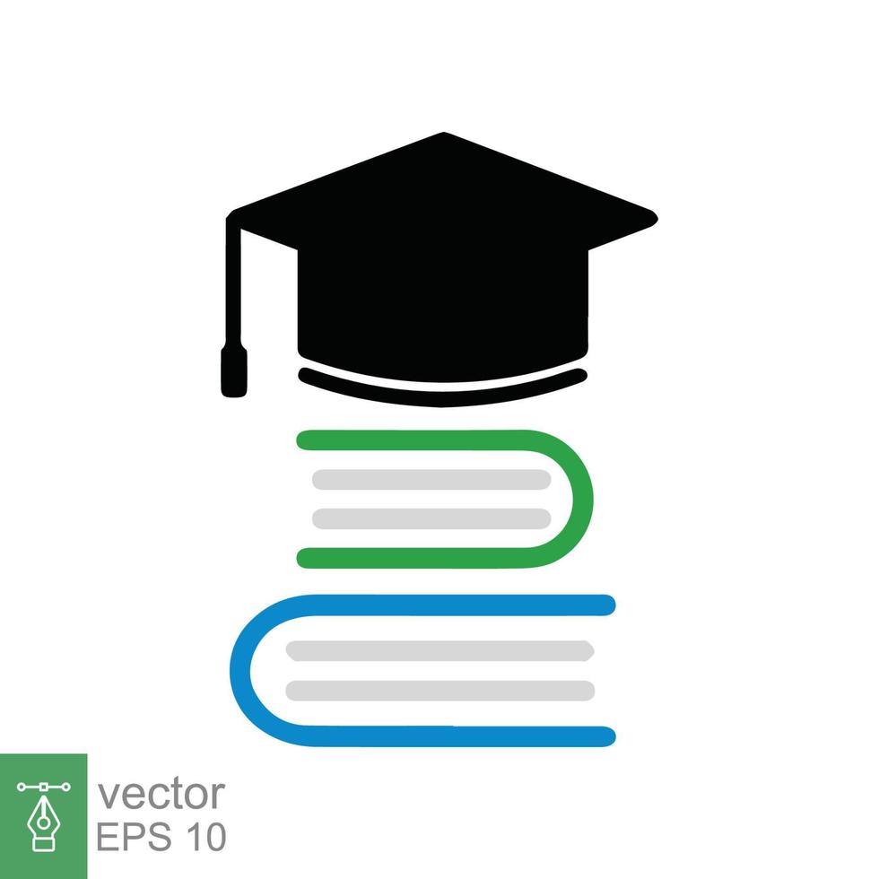 Graduation cap and book icon. Board, mortar, hat, graduate, degree, class, student, education concept. Simple flat style. Vector illustration isolated on white background. EPS 10.