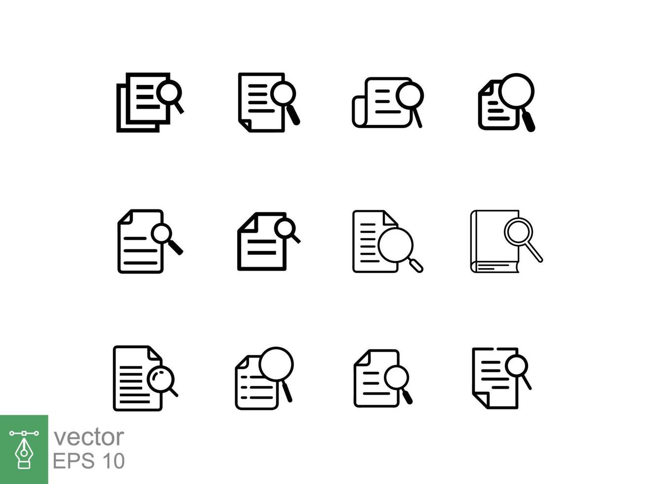 Case study icon set. Simple outline style. Magnifying document, research, report, paper with find glass, search concept. Line vector illustration collection isolated on white background. EPS 10.