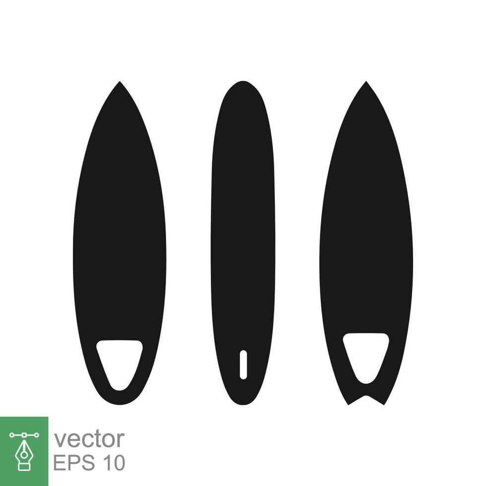 Surfboard icon set. Black silhouette of long surfboard, flat style. Longboard, surfer, tropical, beach, summer, sport concept. Solid, glyph vector illustration isolated on white background. EPS 10.