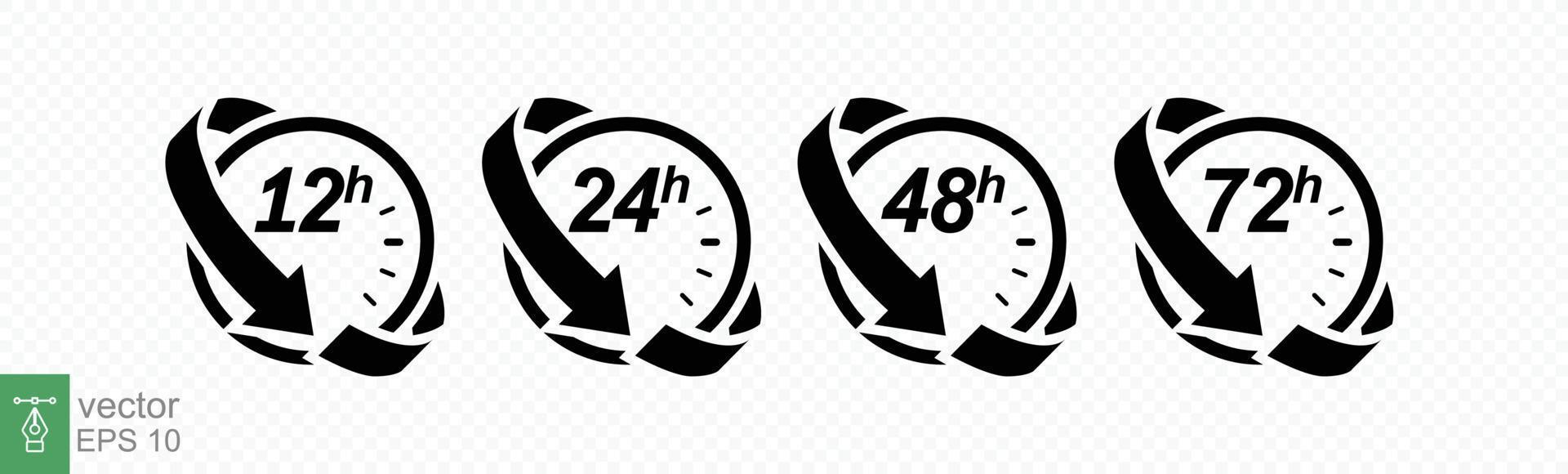 Hour icon set. 12, 24, 48 and 72 hours clock arrow. Fast delivery, timer with circle arrow. Vector work time effect or delivery service time icons. EPS 10.