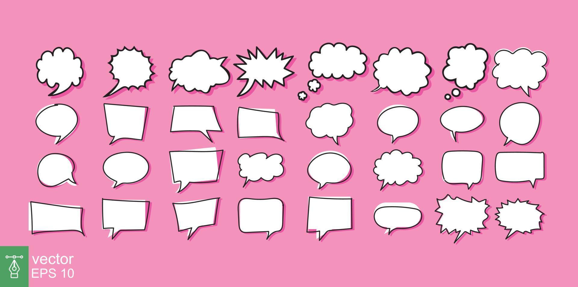 Different cloud cartoon speech bubble icon set. Simple flat style. Hand drawn, doodle, communication concept. Vector illustration collection isolated on pink background. EPS 10.