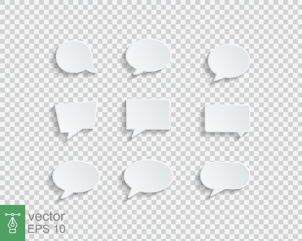 White blank speech bubbles isolated vector set. 3D think ballon, box, conversation, chat, speak, balloon. Infographic design thought bubble on the transparent background. Vector illustration EPS 10.