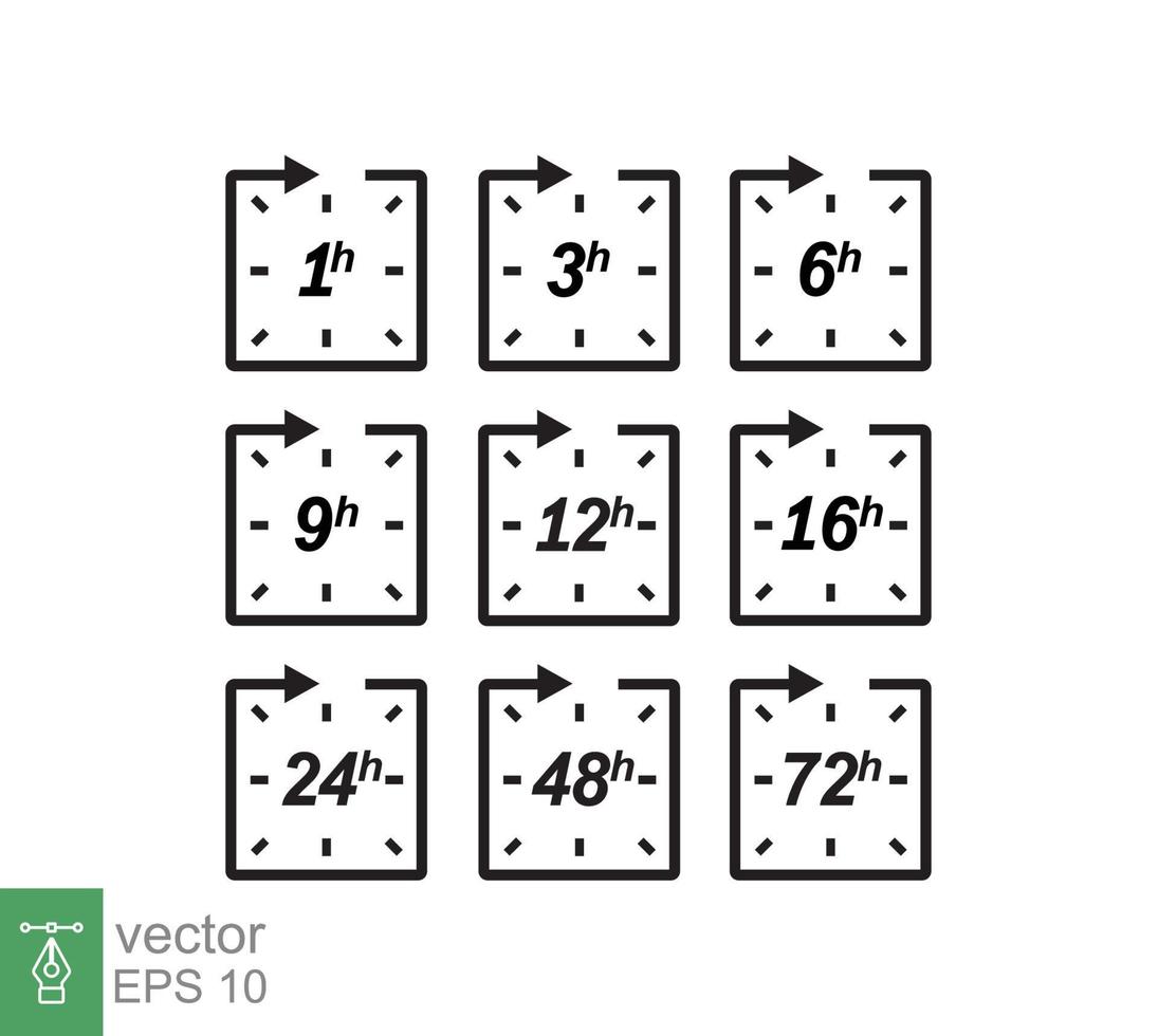 Hour icon set. Clock arrow 1, 3, 6, 9, 12, 16, 24, 48, 72 hours. Set of delivery service time symbol sign. Vector illustration isolated on white background. EPS 10.