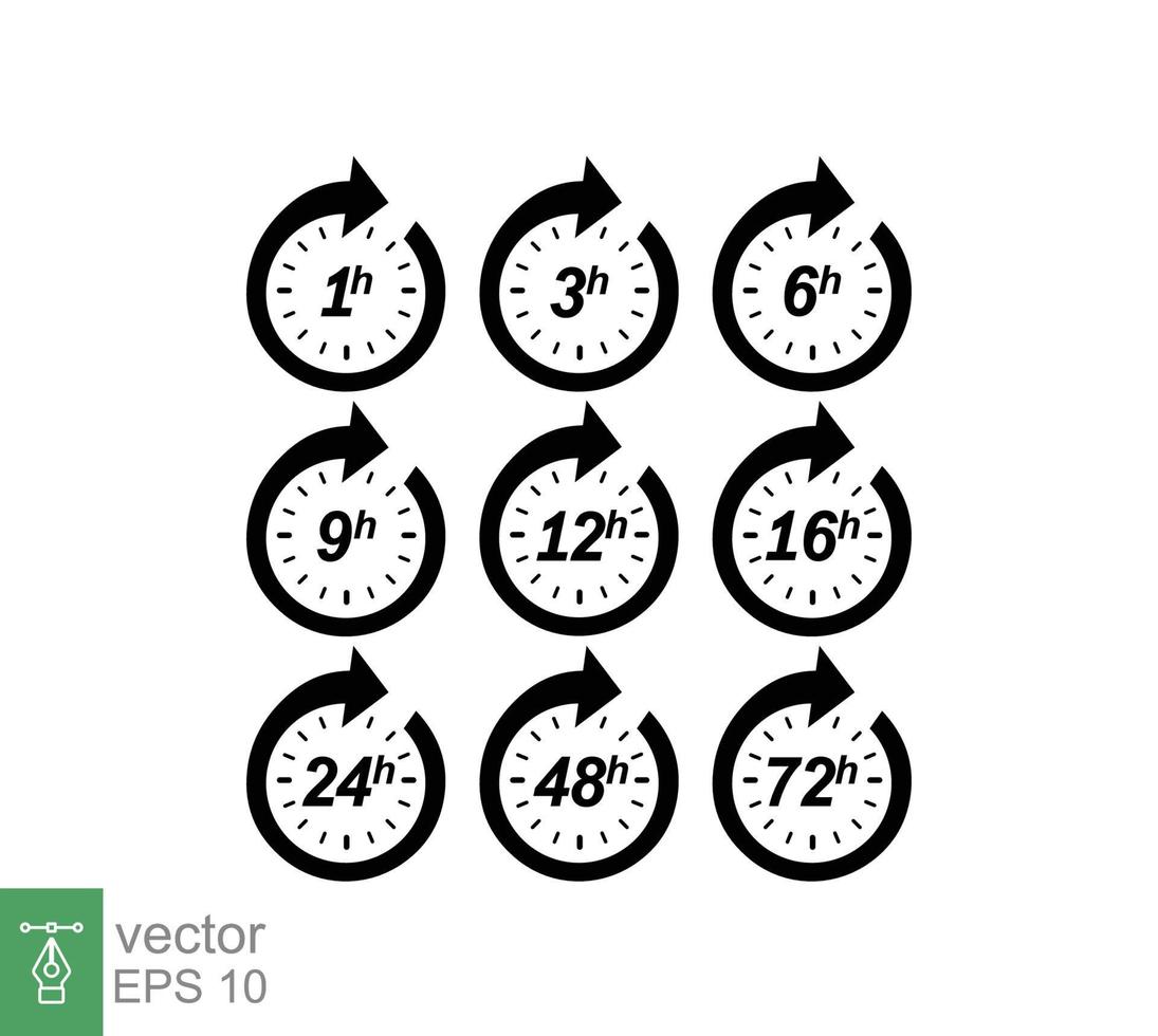 Hour icon set. Clock arrow 1, 3, 6, 9, 12, 16, 24, 48, 72 hours. Set of delivery service time symbol sign. Vector illustration isolated on white background. EPS 10.