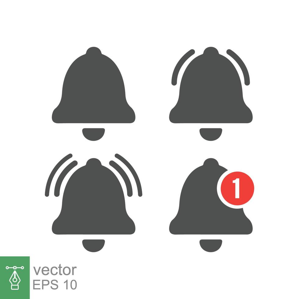 Message bell icon set. Simple flat style. Alert ringing, notice