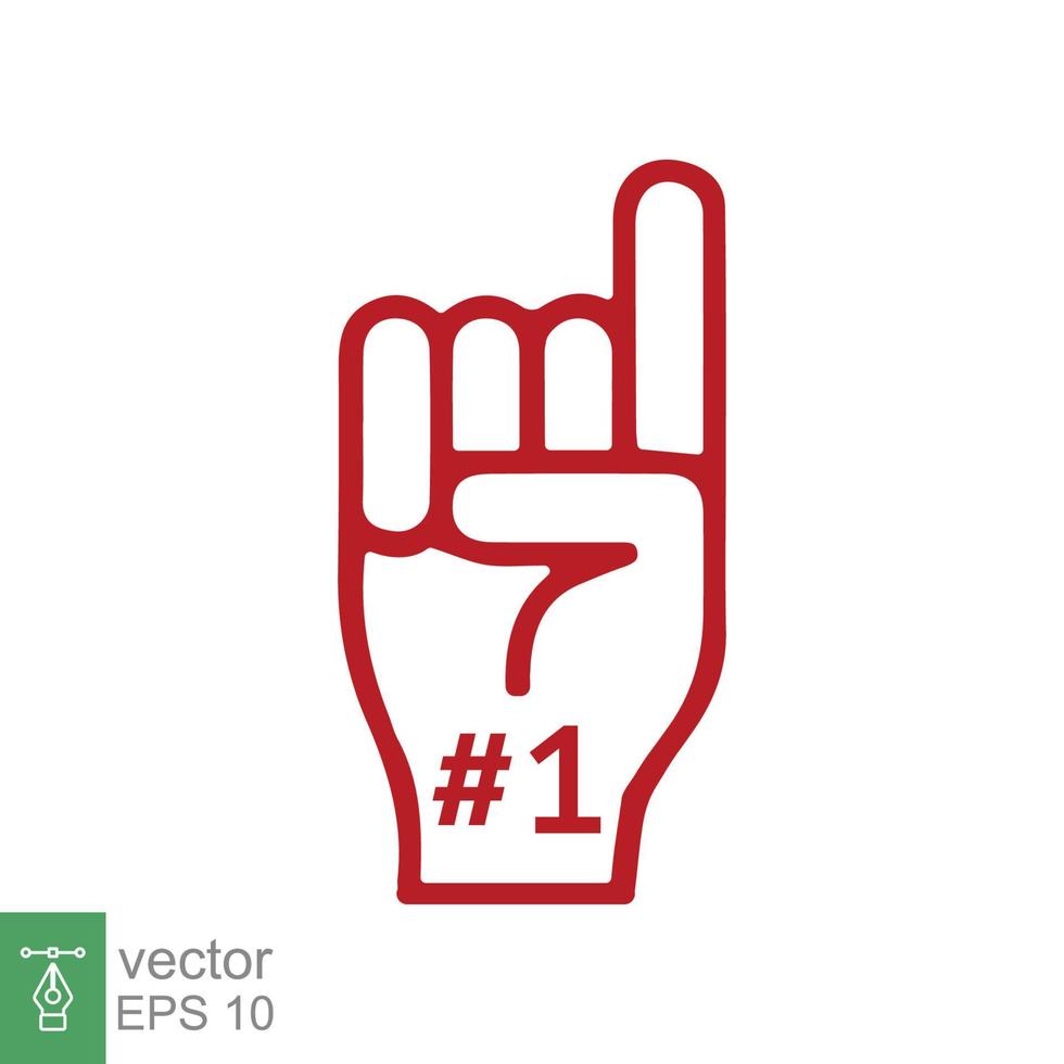 Number 1 foam glove icon. Red number one fan hand glove. Simple flat style. Fan logo hand with finger raised. Vector illustration isolated on white background. EPS 10.