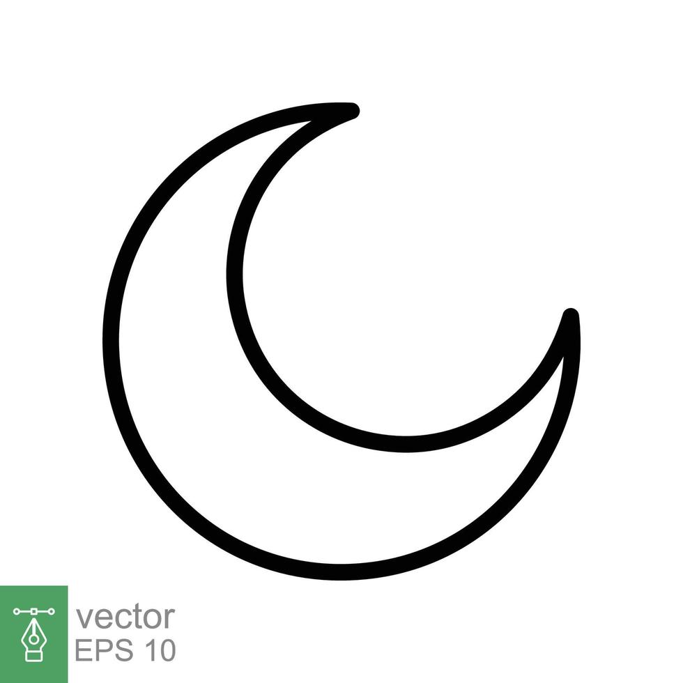 Moon icon. Simple outline style. Half moon, crescent, moon star, light, flat design, night sleep time concept. Thin line vector illustration isolated on white background. EPS 10.