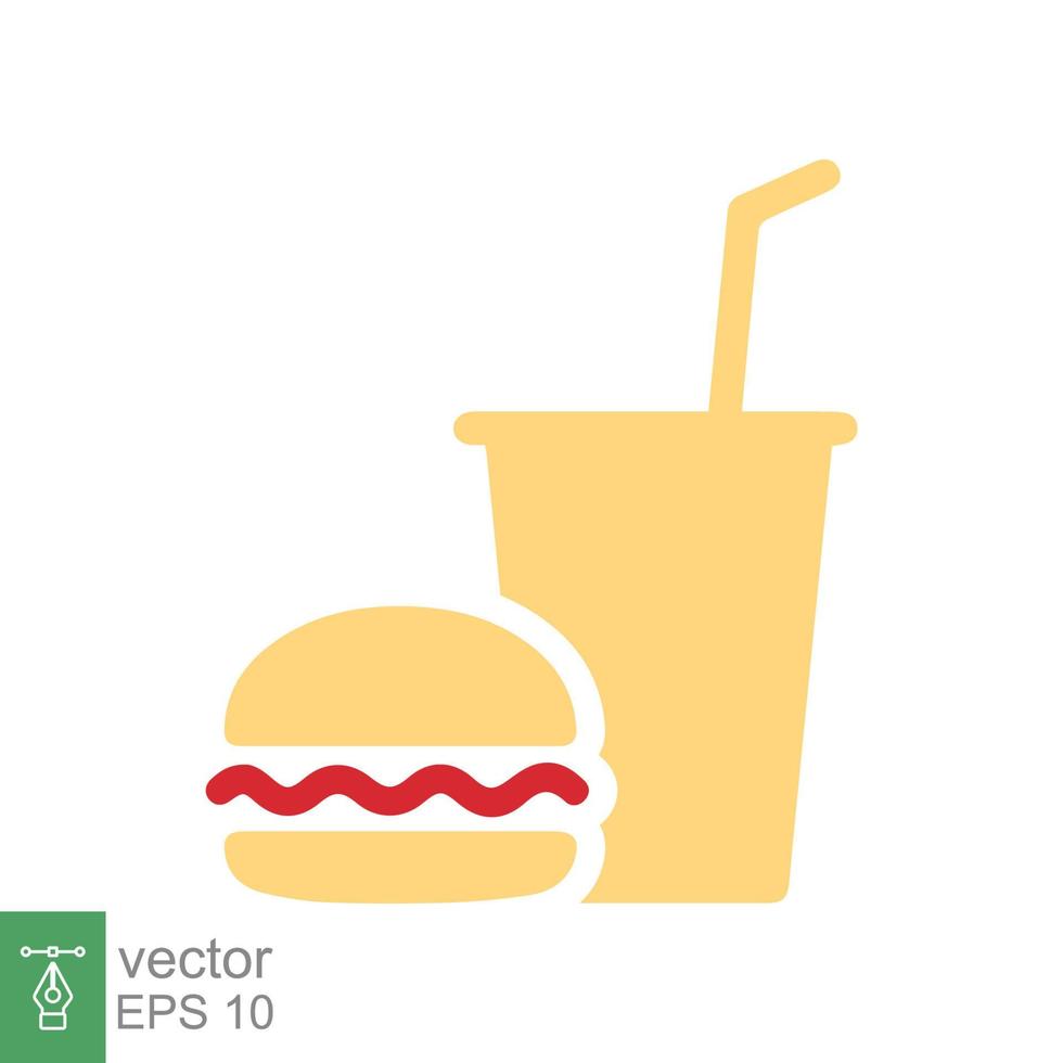 Hamburger and soft drink cup, fast food icon. Silhouette flat design, food and drink concept. Burger, takeaway, soda, cola, meal. Vector illustration isolated on white background. EPS 10.