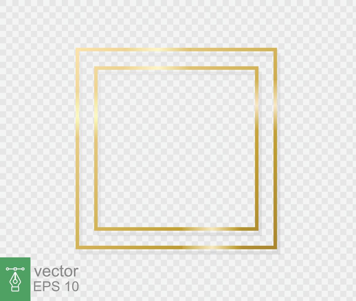 Golden border frame with light shadow and light affects. Gold decoration in minimal style. Graphic metal foil element in geometric thin line rectangle shape. Vector illustration EPS 10.