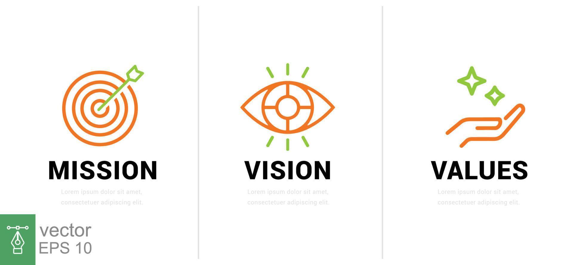misión. visión. valores. plantilla de página web. concepto de diseño plano moderno. meta, estrategia, objetivo, ojo, vista, negocio, símbolo de línea. ilustración vectorial aislado sobre fondo blanco. eps 10. vector