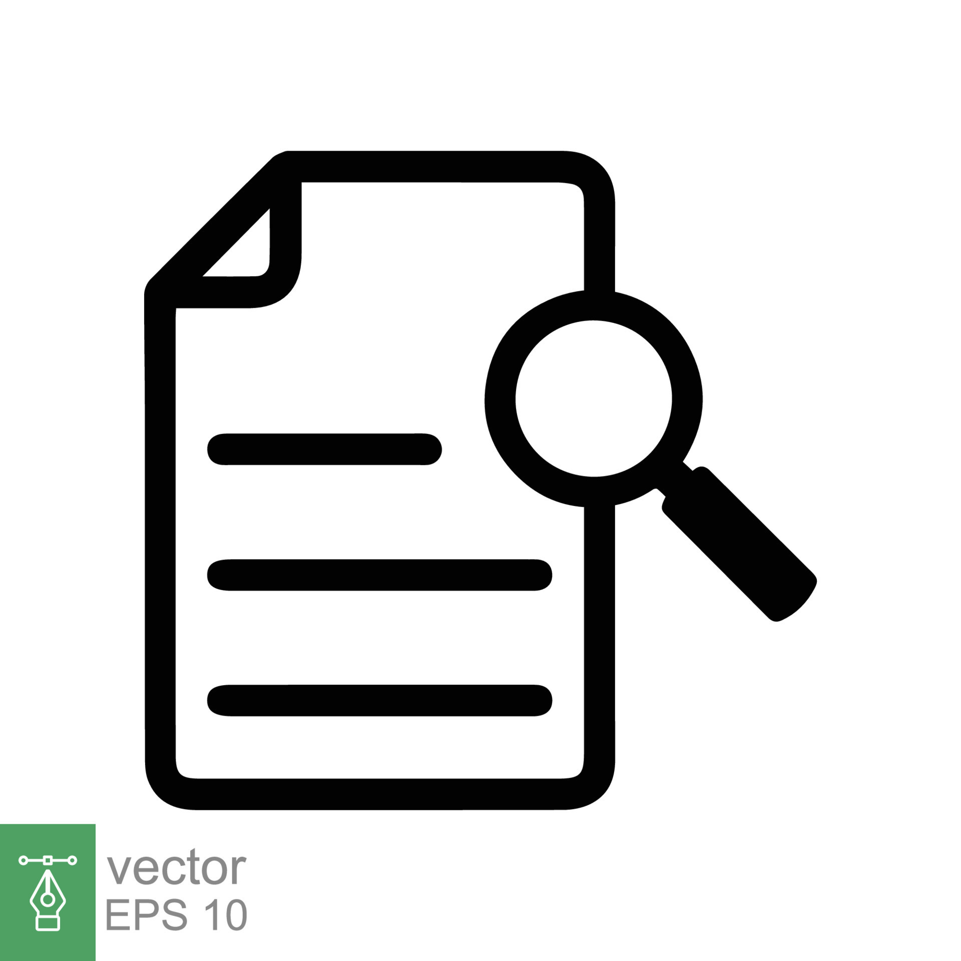 Search result icon. Research report analyse line sign. Analytics case study  outline vector symbol with magnify glass. Isolated black thin icon for  document review. suitable for app or web ui design. Stock