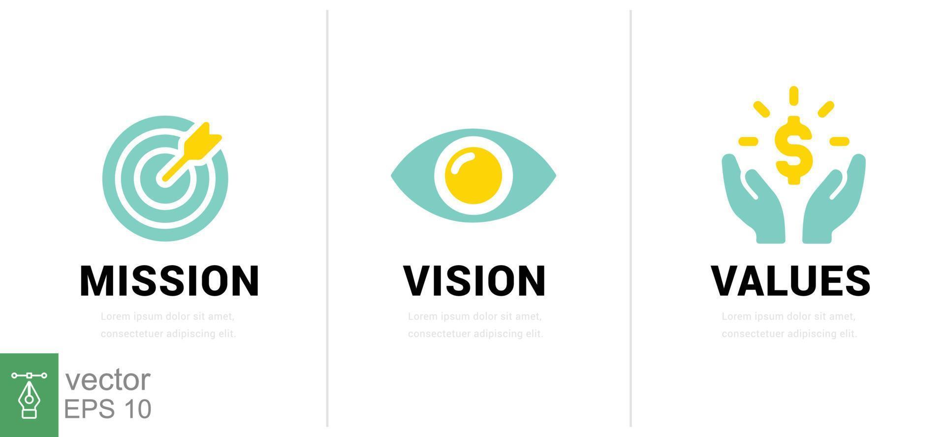Mission. Vision. Values. Web page template. Modern flat design concept. Goal, strategy, target, eye, view, business, line symbol. Vector illustration isolated on white background. EPS 10.