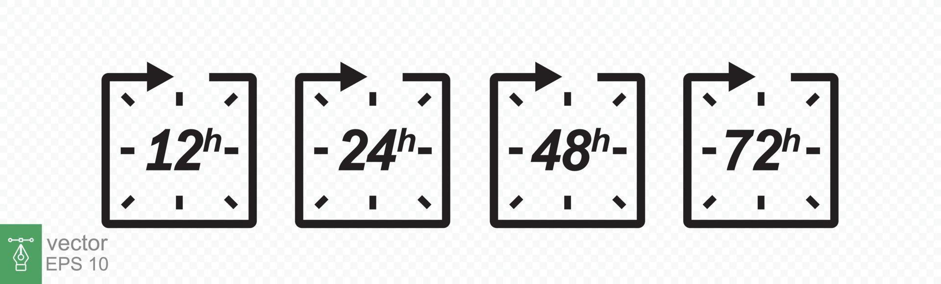Hour icon set. 12, 24, 48 and 72 hours clock arrow. Fast delivery, timer with circle arrow. Vector work time effect or delivery service time icons. EPS 10.