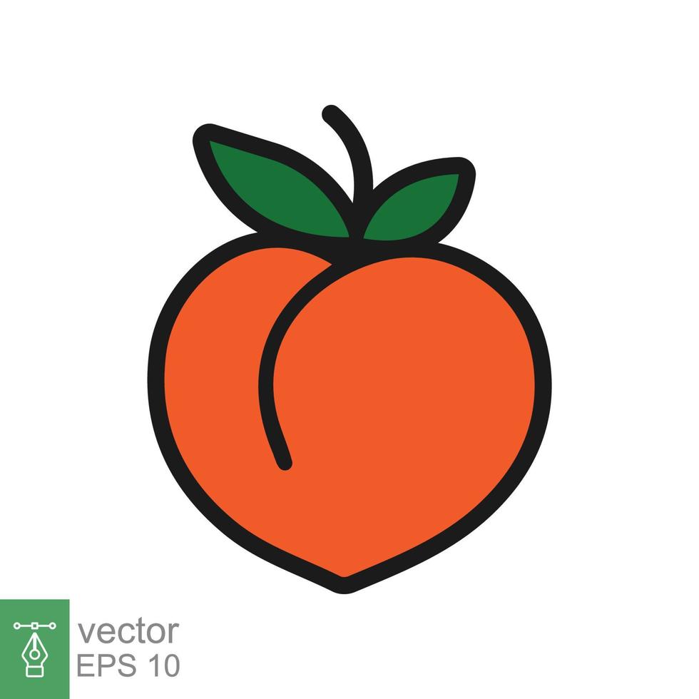 Peach icon. Simple filled outline style. Fresh orange peaches with green leaves, tropical fruit, organic, leaf, flat, healthy food concept. Vector illustration isolated on white background. EPS 10.