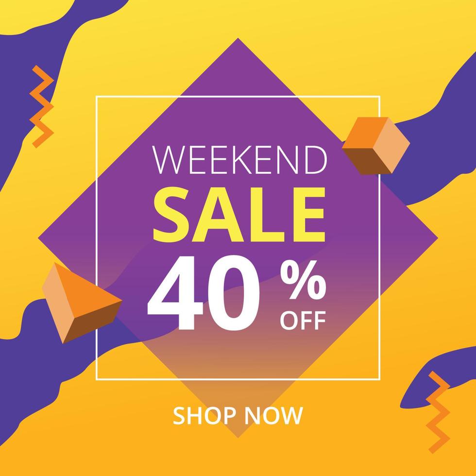 Weekend sale, special offer banner with yellow background. Promo sale, discount price up to 40 off, purple tag, mega event, flyer template for business promotion. Vector design illustration EPS 10.