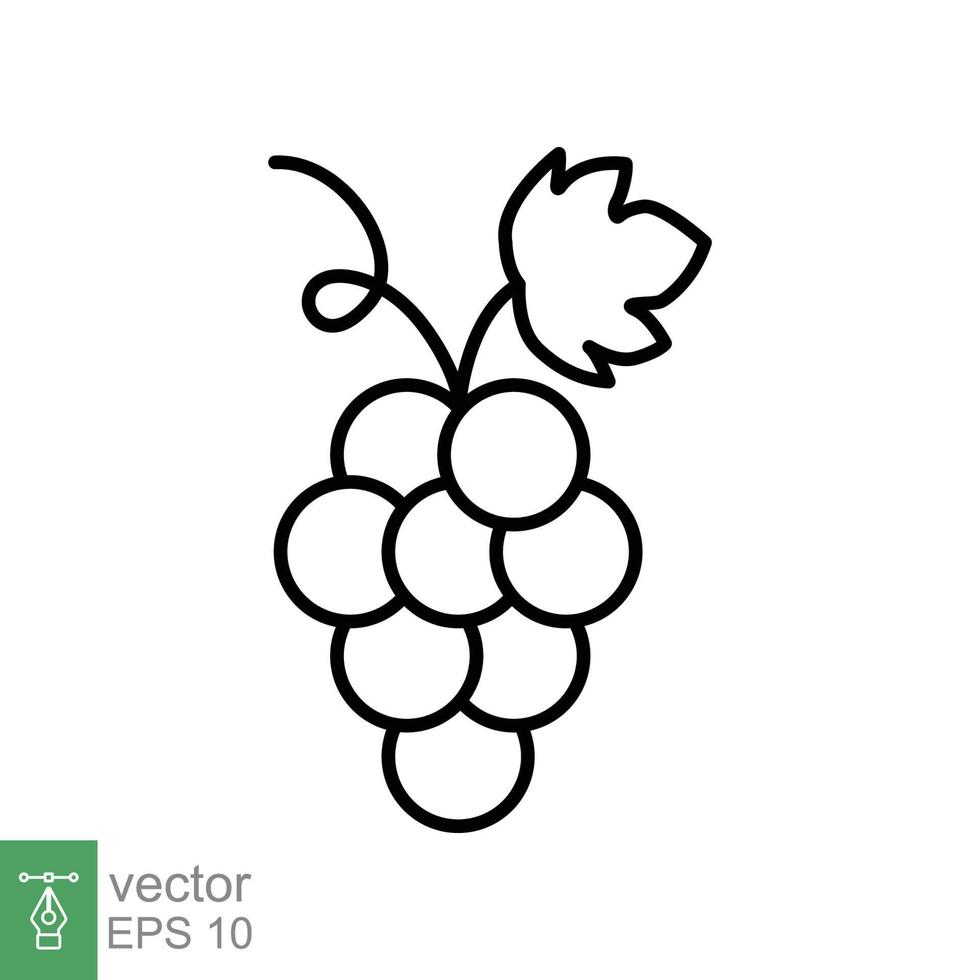 icono de fruta de uva. racimo, vid, rama, planta, hoja, símbolo de baya, concepto de comida. estilo de esquema simple. diseño de ilustración de vector de línea delgada aislado sobre fondo blanco. eps 10.