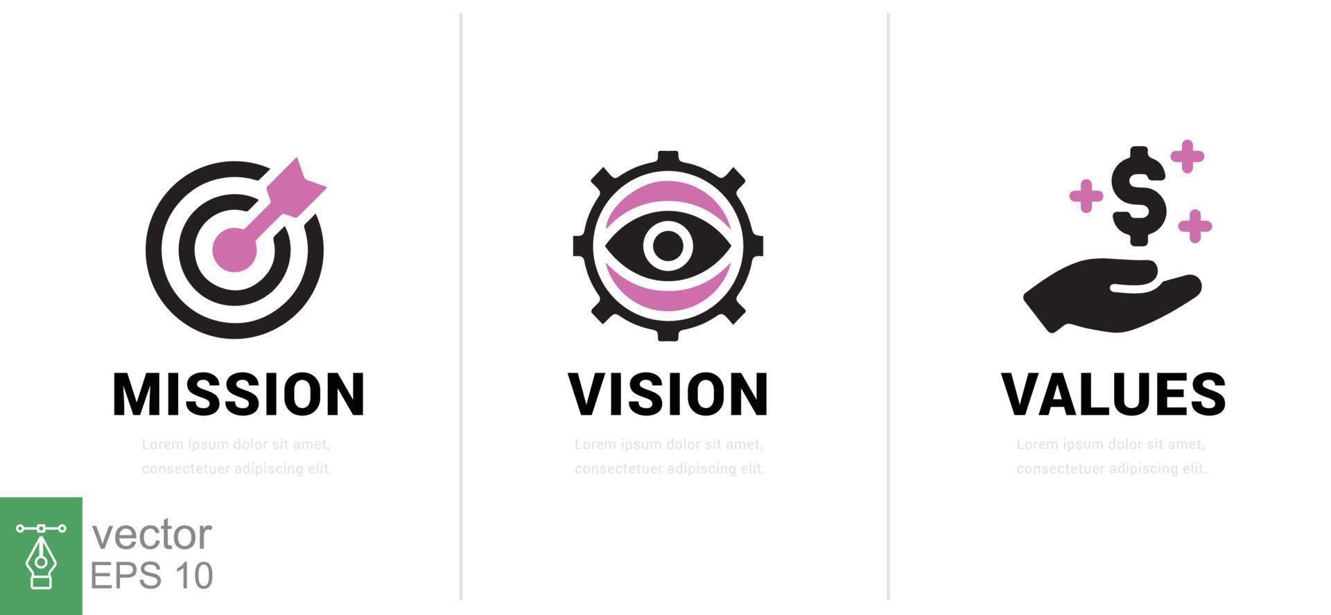 Mission. Vision. Values. Web page template. Modern flat design concept. Goal, strategy, target, eye, view, business, line symbol. Vector illustration isolated on white background. EPS 10.