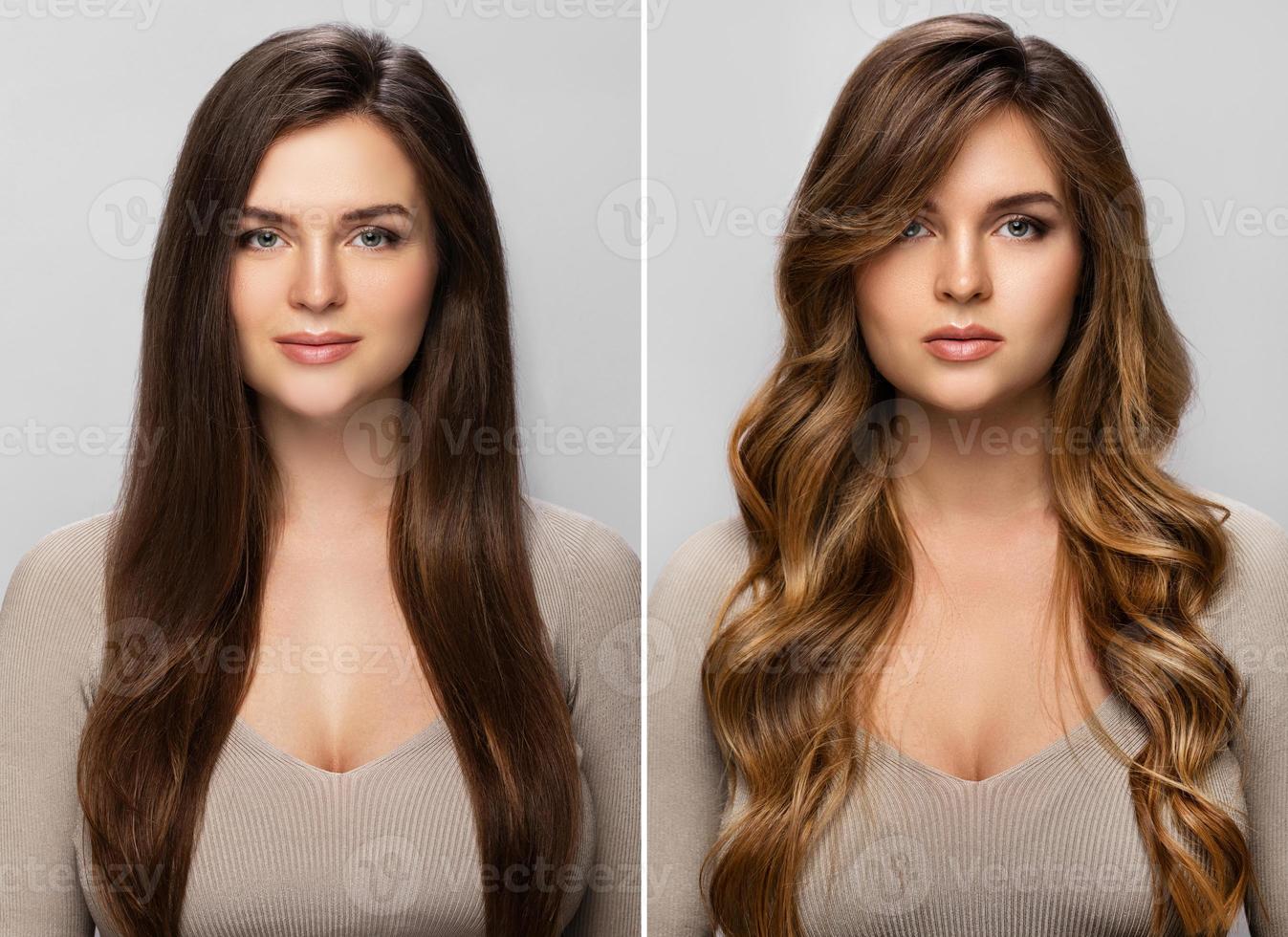 Result of makeover. Woman with a beautiful hair after dyeing and styling. photo