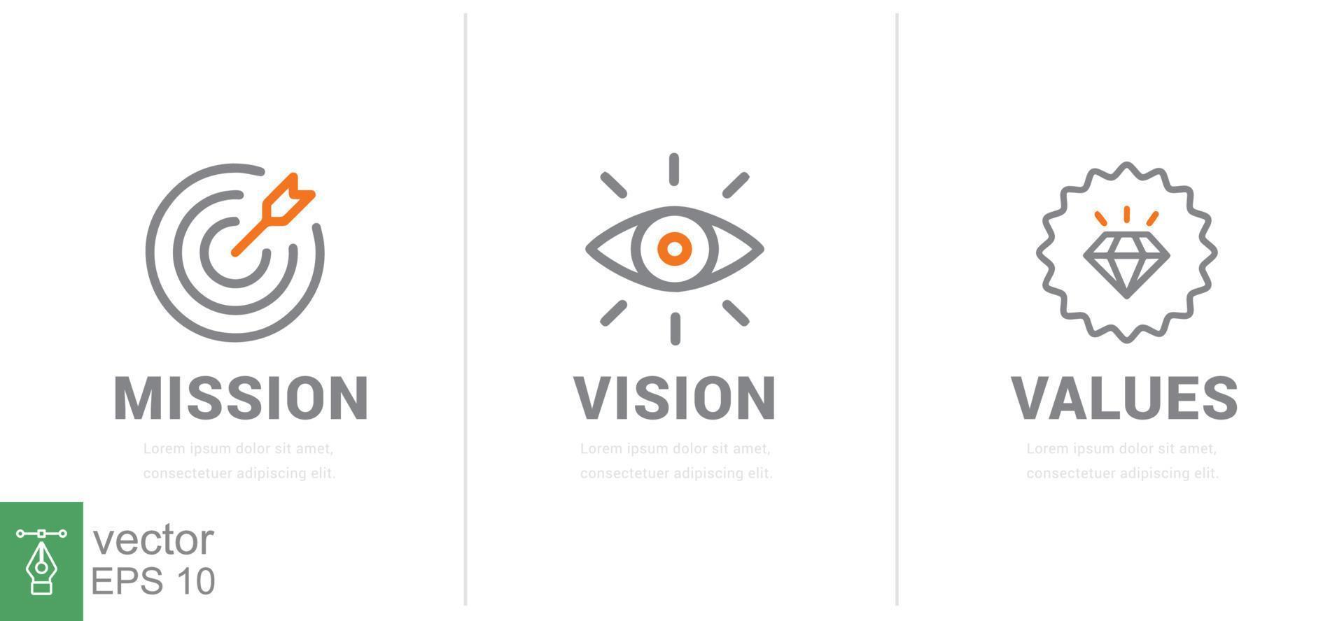 Mission. Vision. Values. Web page template. Modern flat design concept. Goal, strategy, target, eye, view, business, line symbol. Vector illustration isolated on white background. EPS 10.