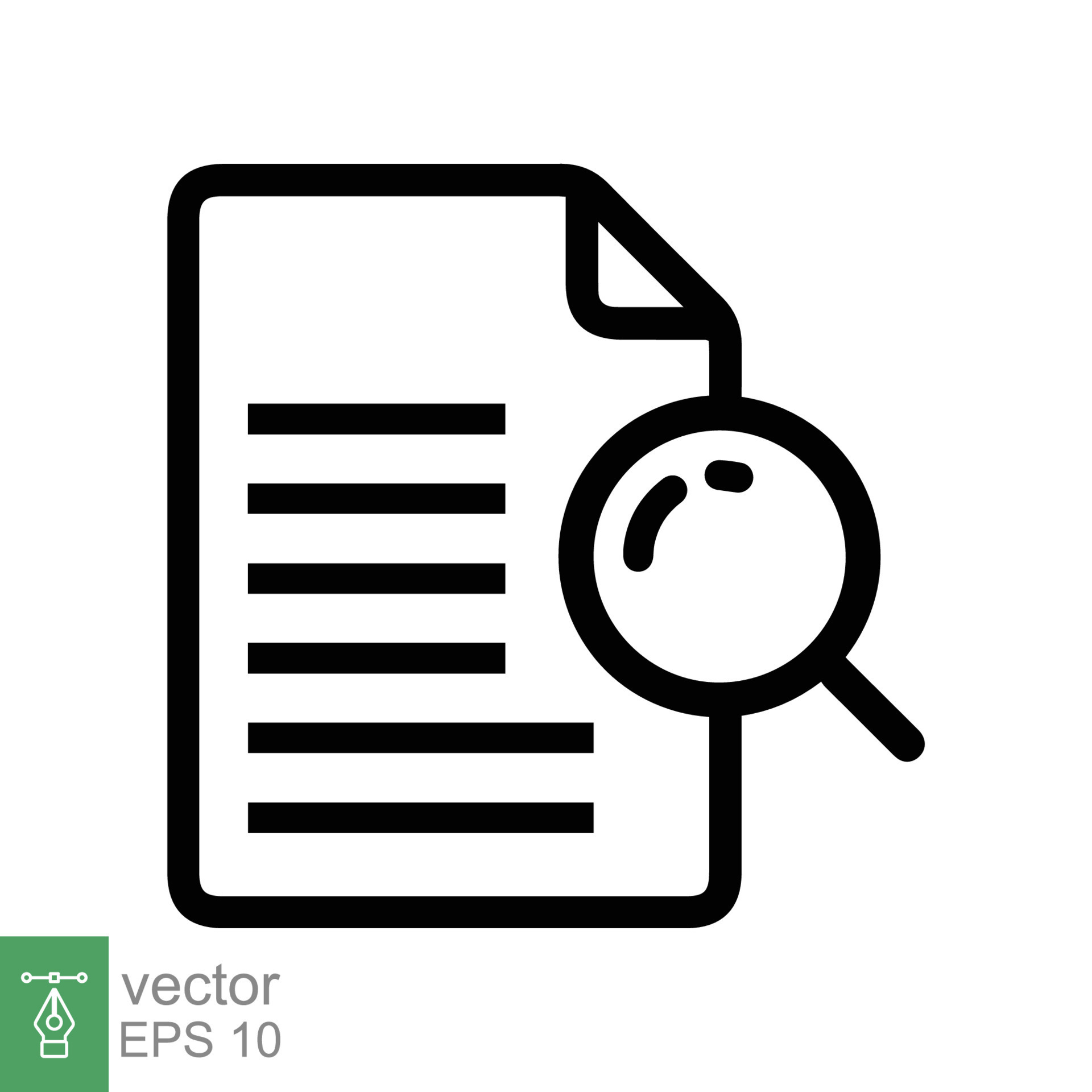 Search result icon. Research report analyse line sign. Analytics case study  outline vector symbol with magnify glass. Isolated black thin icon for  document review. suitable for app or web ui design. Stock