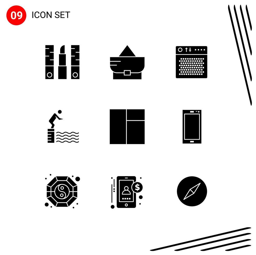 Group of 9 Modern Solid Glyphs Set for sport platform amplifier jump portable Editable Vector Design Elements