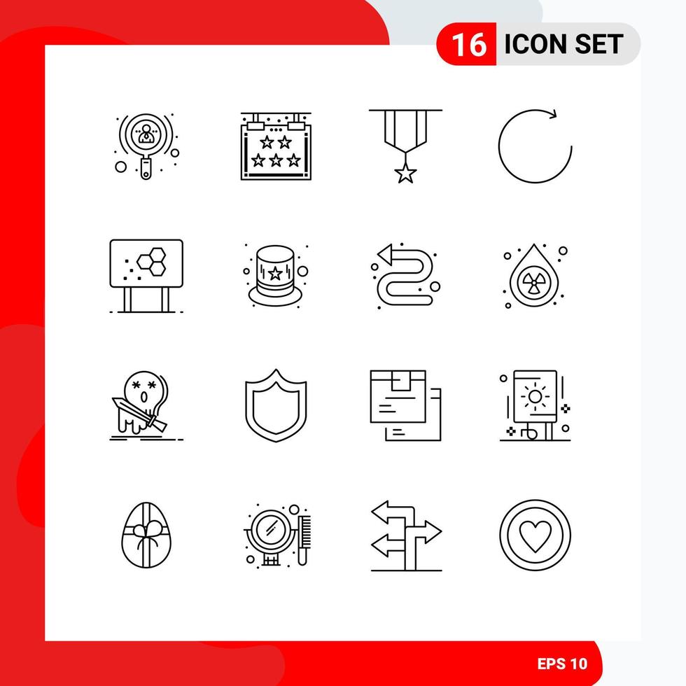 Modern Set of 16 Outlines Pictograph of biology rotate badge clockwise plain Editable Vector Design Elements