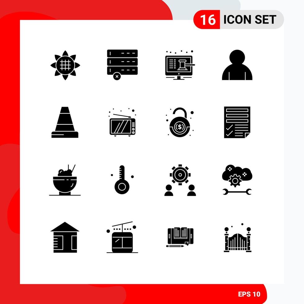 16 User Interface Solid Glyph Pack of modern Signs and Symbols of traffic cone auction user human Editable Vector Design Elements