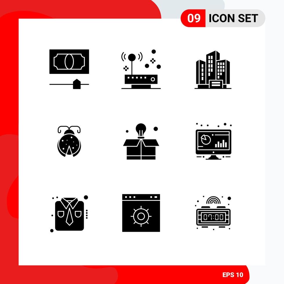 Group of 9 Modern Solid Glyphs Set for box education apartment ladybug bug Editable Vector Design Elements