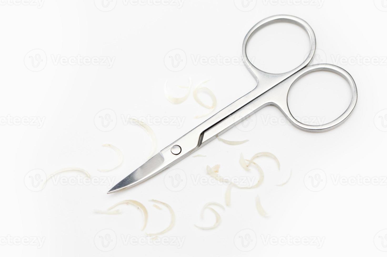 Manicure scissors and nail clipping on white background 16250985 Stock