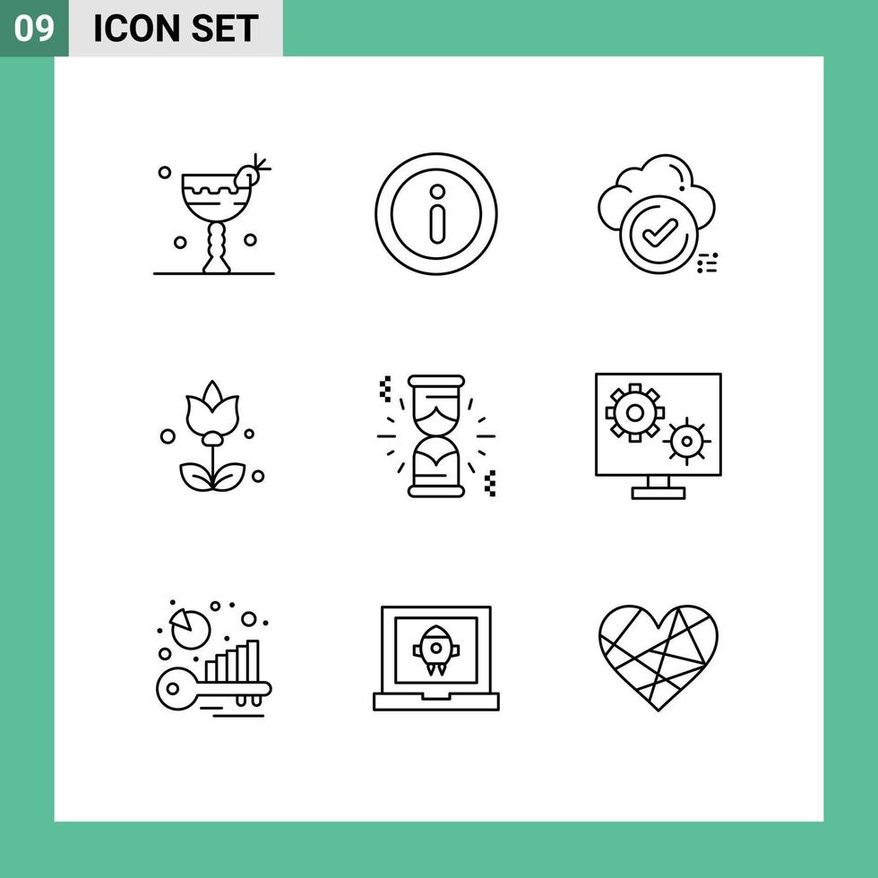 Stock Vector Icon Pack of 9 Line Signs and Symbols for waiting hourglass tick present bouquet Editable Vector Design Elements