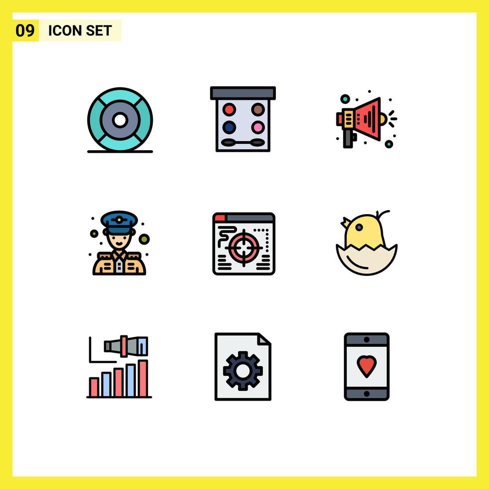 Mobile Interface Filledline Flat Color Set of 9 Pictograms of target web powder police security police Editable Vector Design Elements