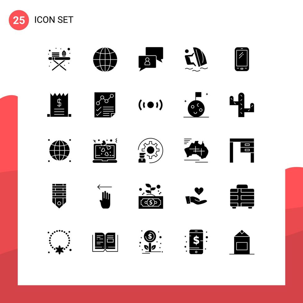 25 signos universales de glifos sólidos símbolos de elementos de diseño de vectores editables de chat deportivo de teléfono inteligente