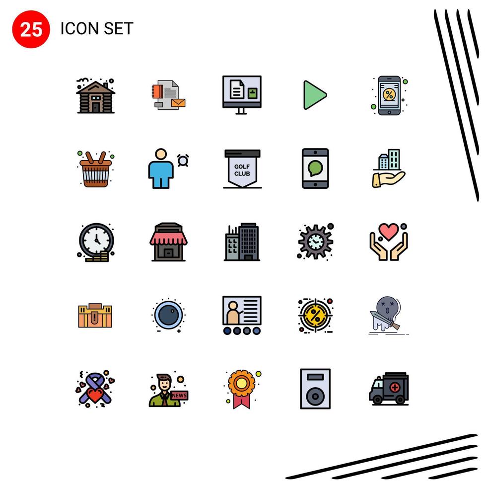 paquete de 25 modernos signos y símbolos de colores planos de línea rellena para medios de impresión web, como control de identidad de medios de video, aprendizaje de elementos de diseño de vectores editables