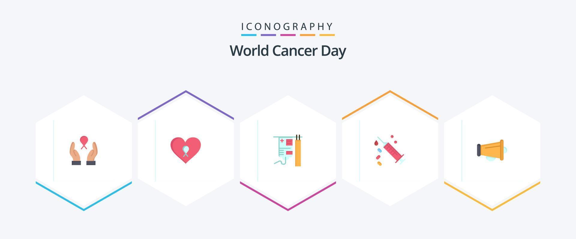 World Cancer Day 25 Flat icon pack including treatment. hospital. love. drip. cancer vector
