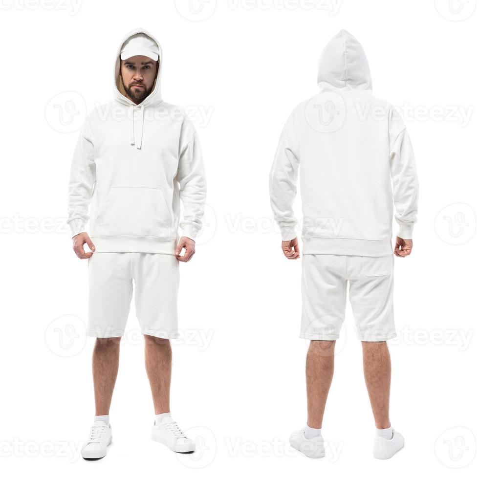 Man wearing blank white cap, hoodie and shorts on white background photo