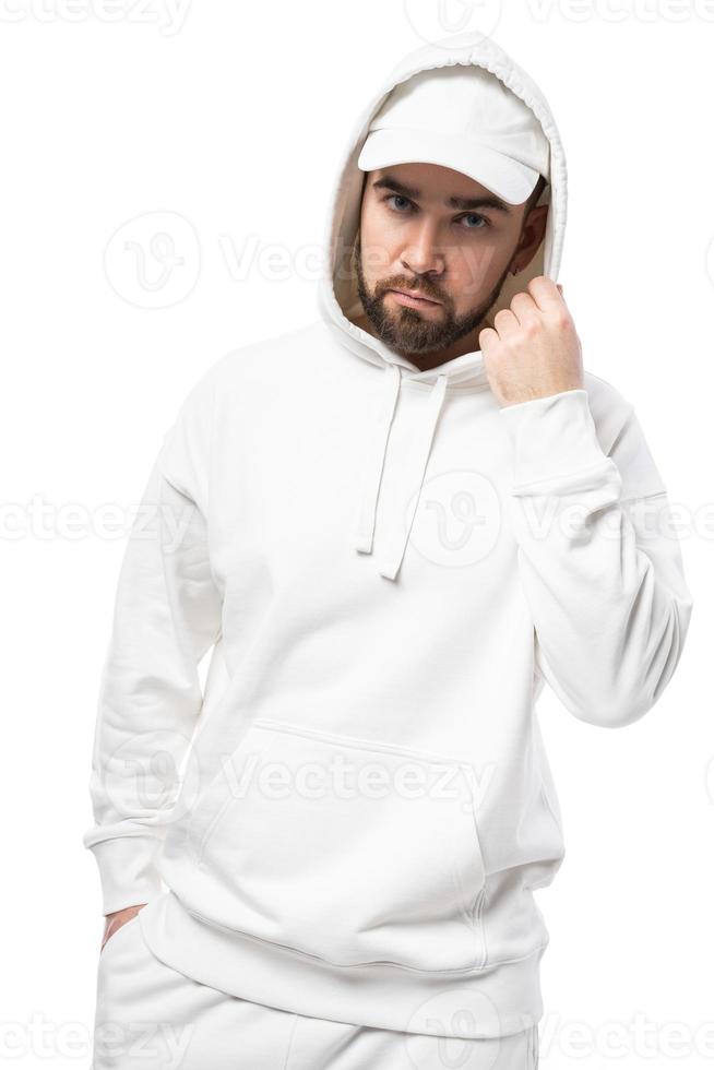 Man wearing blank white cap, hoodie and shorts on white background photo