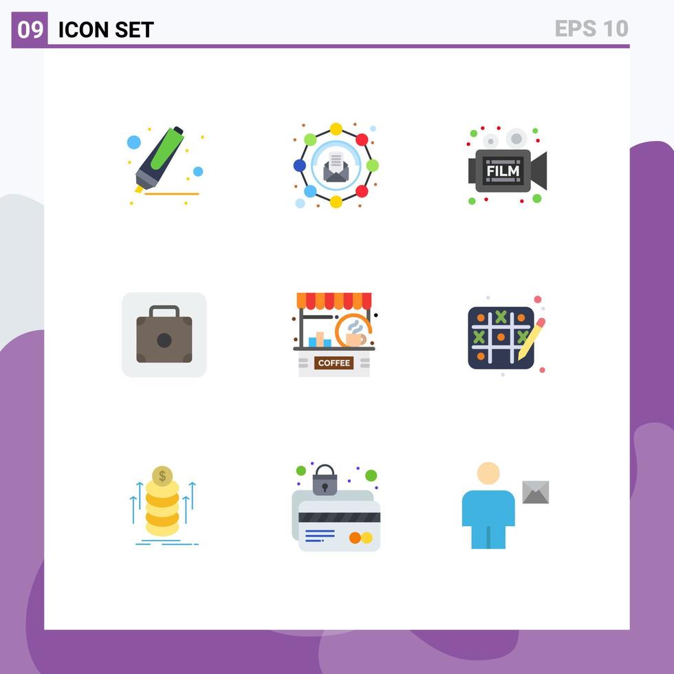 Modern Set of 9 Flat Colors and symbols such as cafe service film luggage baggage Editable Vector Design Elements