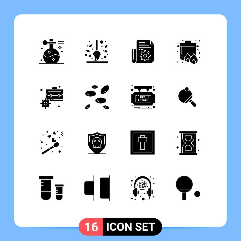 16 Thematic Vector Solid Glyphs and Editable Symbols of cooking camping leaf boil setting Editable Vector Design Elements