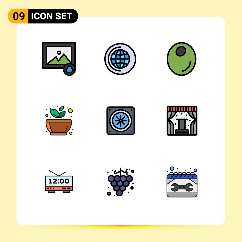 Set of 9 Commercial Filledline Flat Colors pack for concert cooling oil computer spa Editable Vector Design Elements