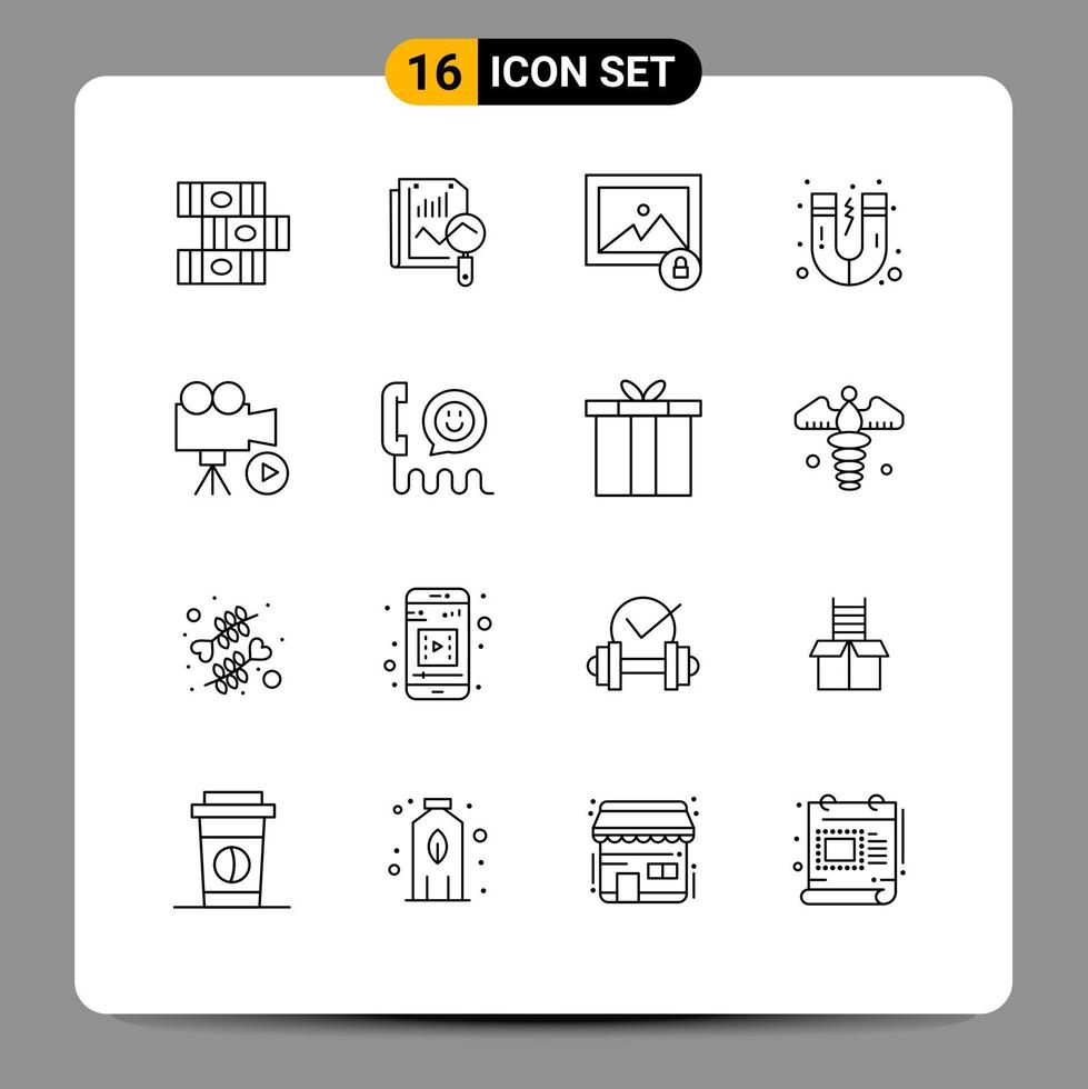 Modern Set of 16 Outlines Pictograph of video media lock film science Editable Vector Design Elements