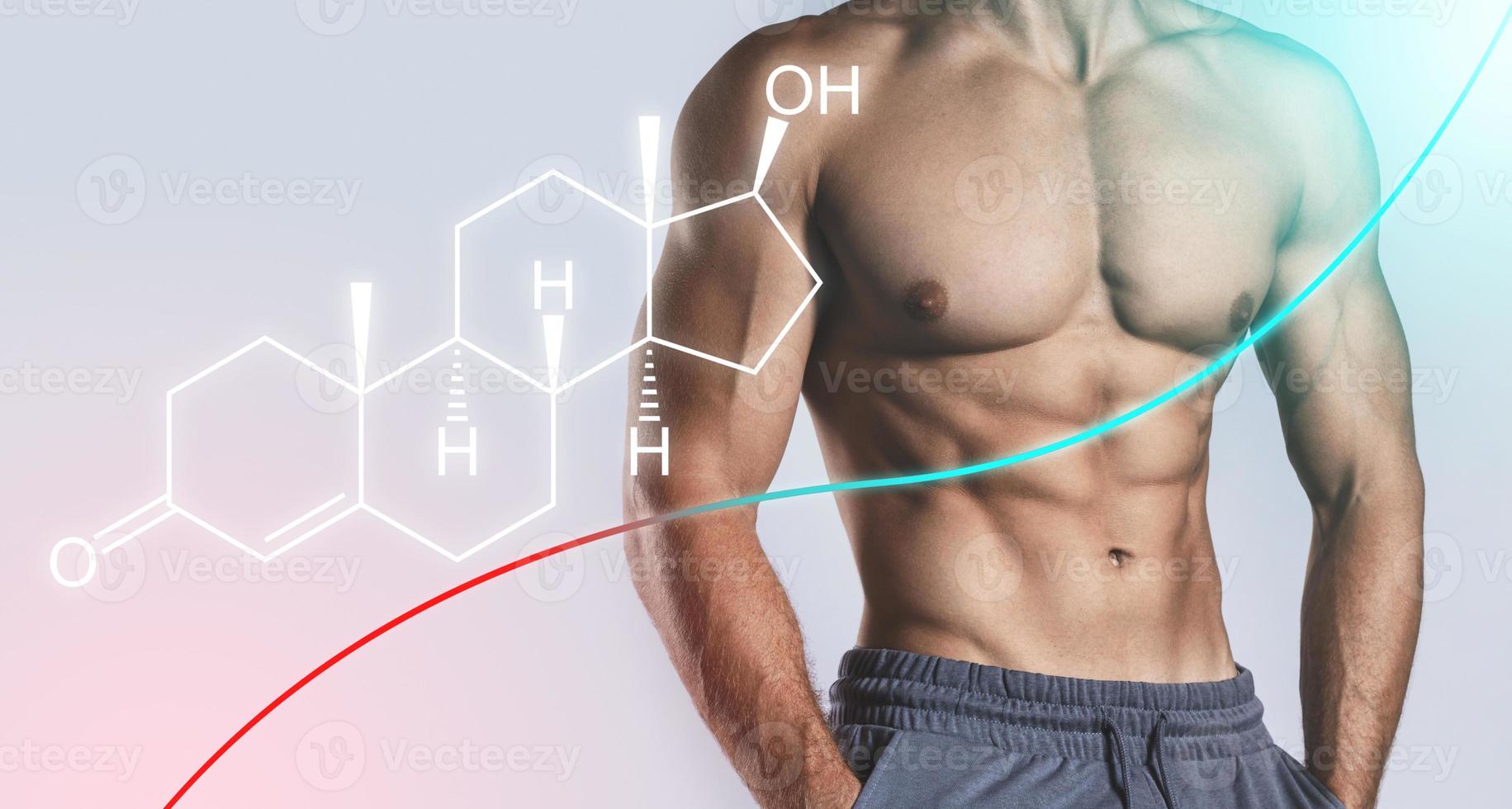 Muscular male torso and testosterone formula. Concept of hormone increasing methods. photo